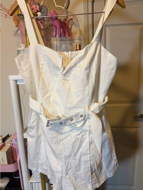 Ivory Belted Romper with Sweetheart Neckline